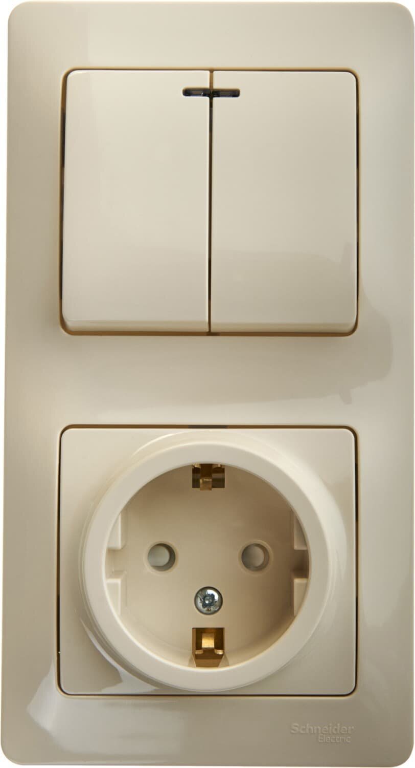 Блок выключатель с розеткой встраиваемый Schneider Electric Glossa 2 клавиши с заземлением со шторками цвет бежевый - фото №3