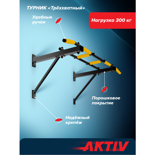 Турник треххватный (крепеж к стене) Черный (с желтыми ручками) разборный Aktiv/Absolute Champion турник брусья absolute champion профи крепеж к стене