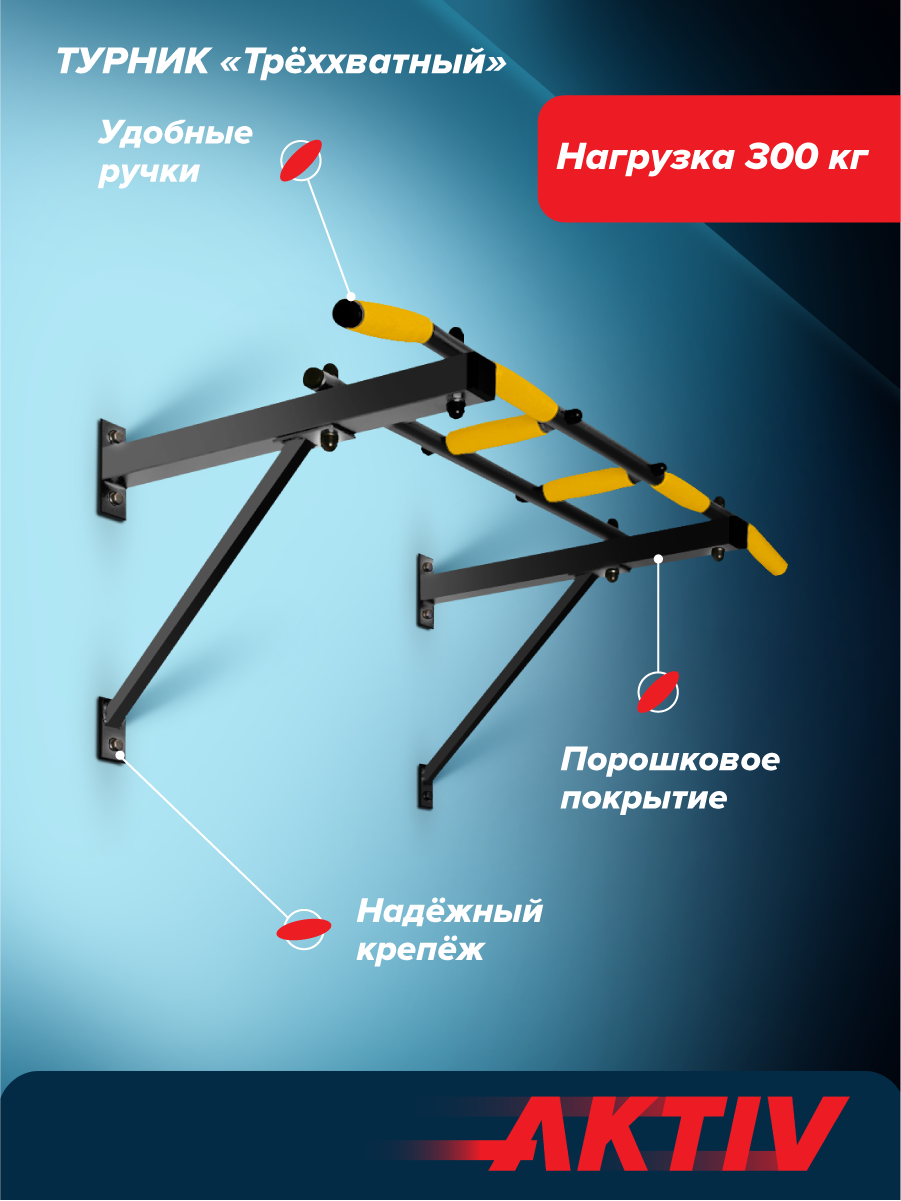 Турник треххватный (крепеж к стене) Черный (с желтыми ручками) разборный Aktiv/Absolute Champion