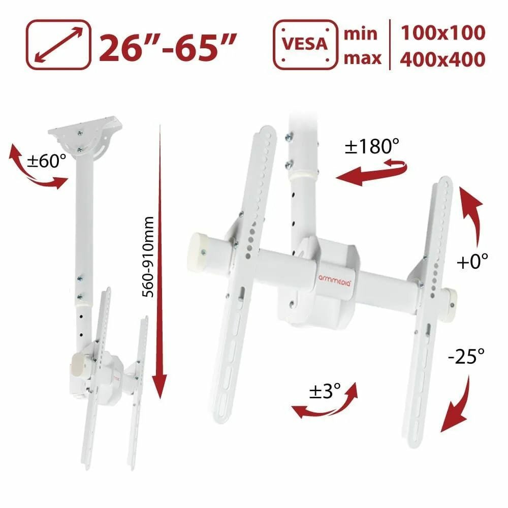 Кронштейн для телевизора Arm Media LCD-1800, 26-65", потолочный, поворот и наклон, белый [10191]