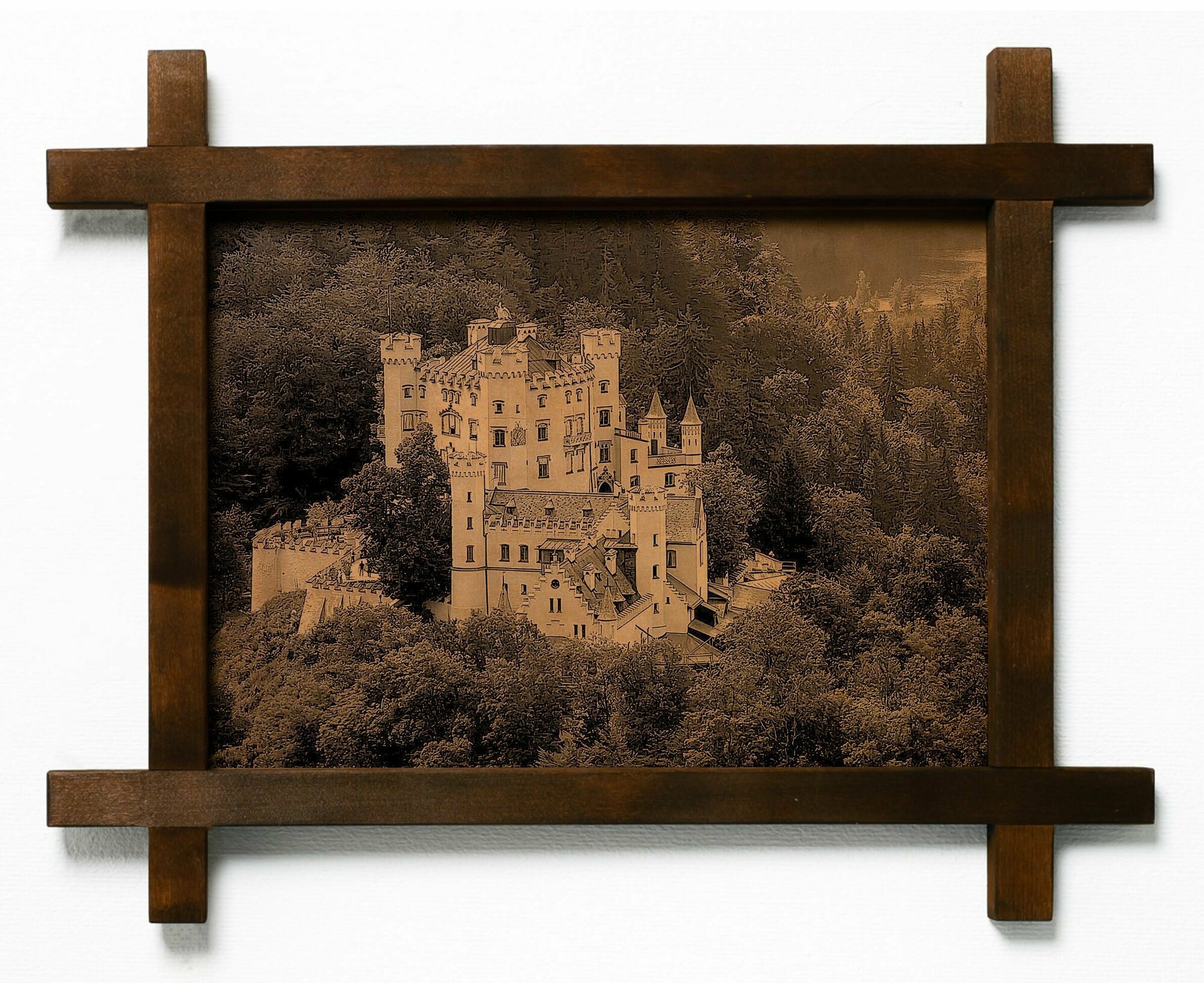 Картина Замок Хоэншвангау, Германия, гравировка на натуральной коже, интерьерная для украшения и декора на стену в деревянной раме, подарок, BoomGift