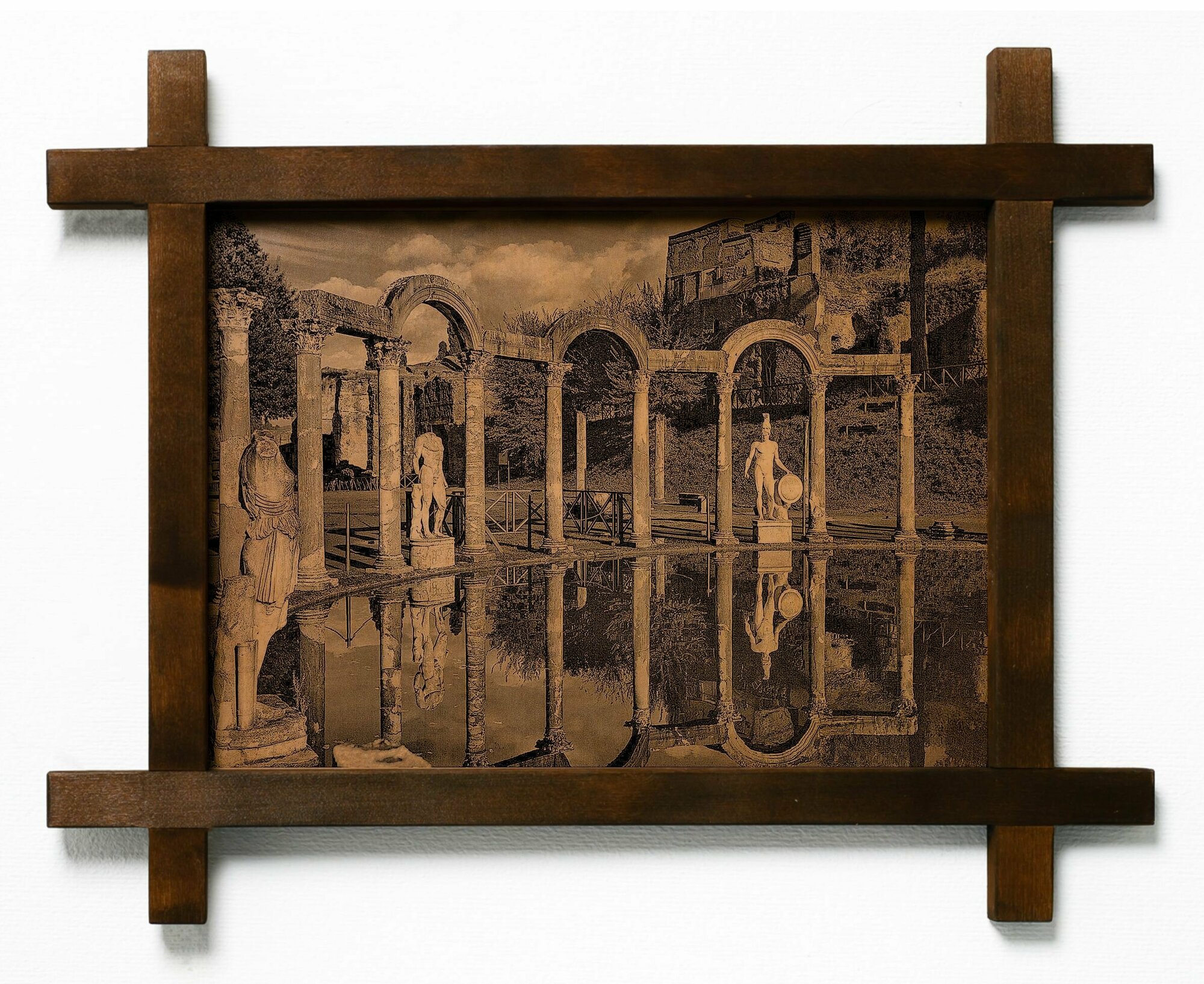 Картина Вилла Адриана, Италия, гравировка на натуральной коже, интерьерная для украшения и декора на стену в деревянной раме, подарок, BoomGift