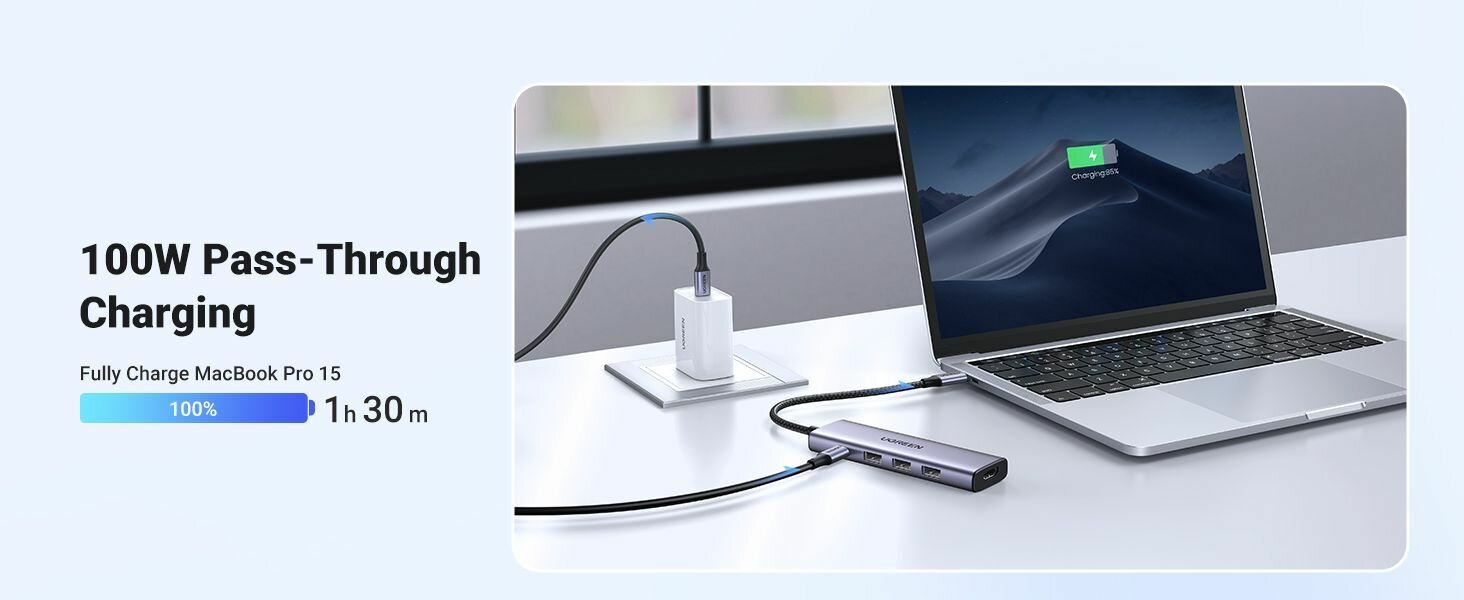 Конвертер UGREEN CM511 (15596) USB-C To HDMI+3*USB 30 A+PD Power Converter - Silver