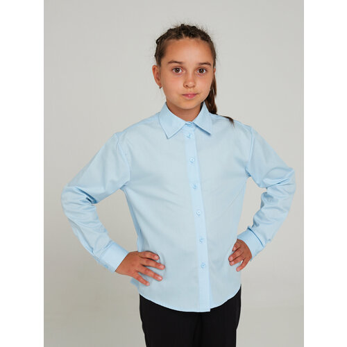 фото Школьная блуза kupifartuk, полуприлегающий силуэт, на пуговицах, длинный рукав, без карманов, однотонная, размер 128, голубой