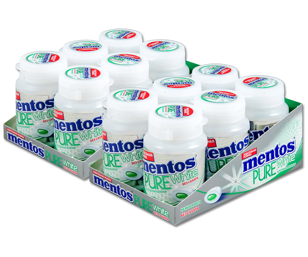 Жевательная резинка Mentos Pure White Нежная мята, без сахара, в банке, 54 г, 12 шт.