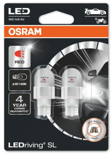 Лампа автомобильная Osram LEDriving SL W16W 12V-LED (W2,1x9,5d) Red 1.4W, 3 пок. бл.2шт, 921DRP-02B