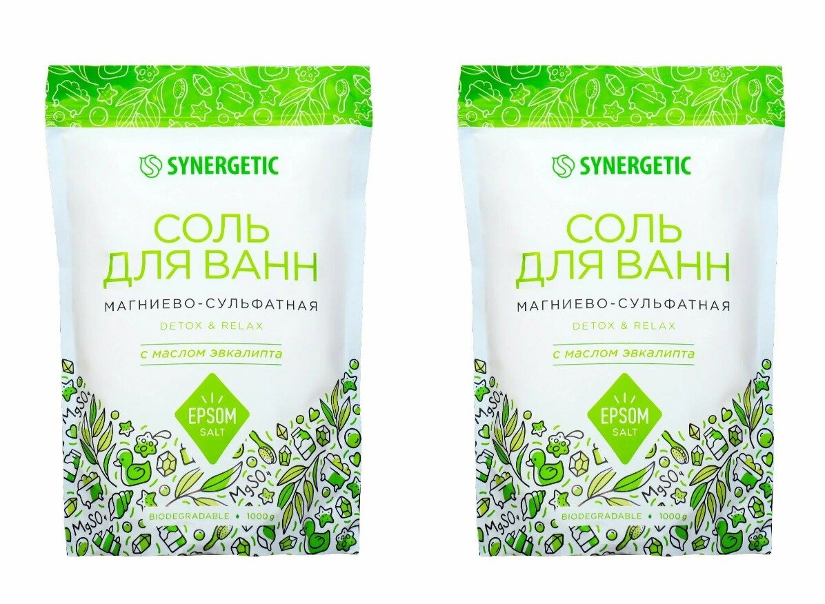 фото Synergetic Соль для ванн Магниево-сульфатная с маслом эвкалипта