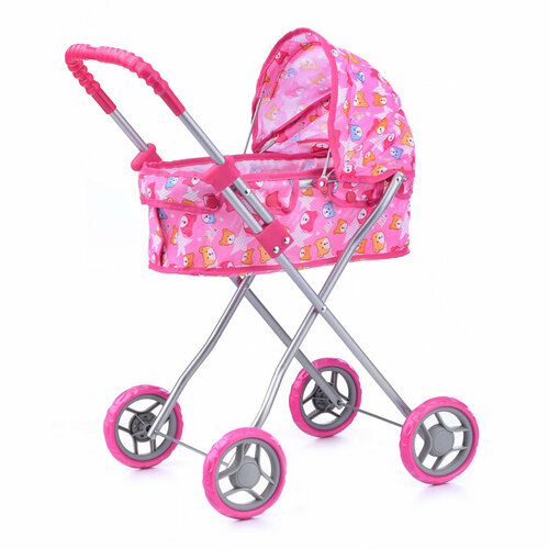 Коляска для кукол металлическая складная прогулочная с капюшоном цветрозовый с мишками 1480₽