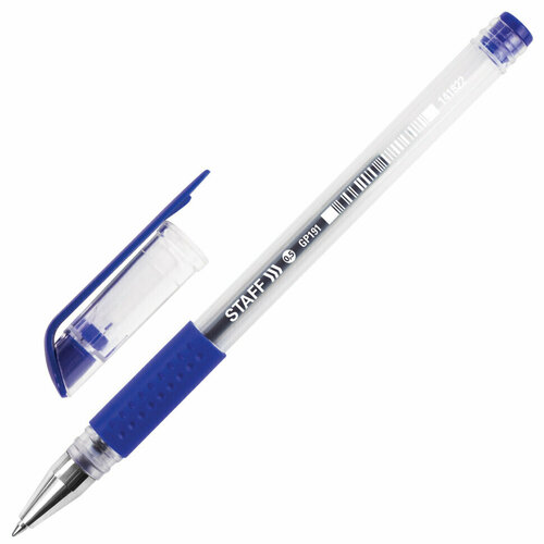Ручка гелевая с грипом STAFF EVERYDAY GP-191, синяя, корпус прозрачный, узел 0,5 мм, линия письма 0,35 мм, 141822, 48 штук, 141822