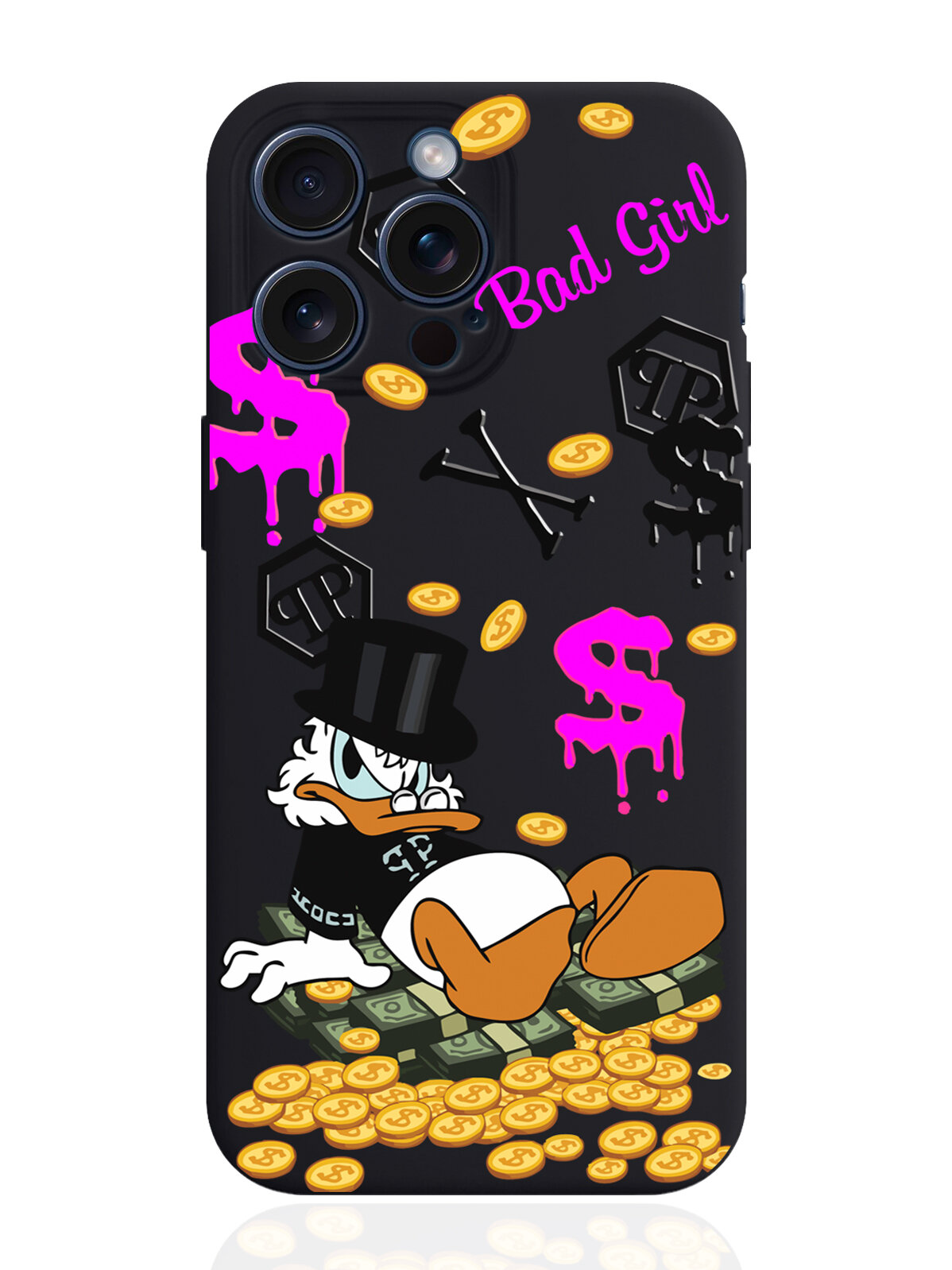 Чехол для смартфона iPhone 15 Pro Max черный силиконовый Богатая Утка Bad Girl