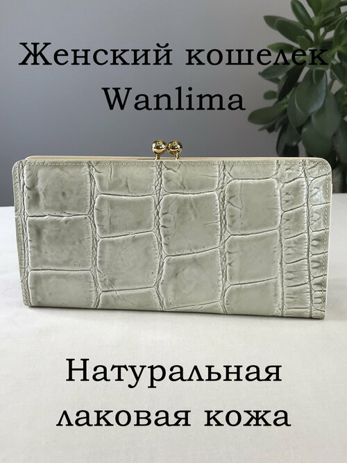 Кошелек Wanlima, натуральная кожа, лаковая фактура, фермуар, 2 отделения для банкнот, отделения для карт и монет, потайной карман, подарочная упаковка, серый