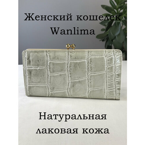 Кошелек Wanlima, натуральная кожа, лаковая фактура, фермуар, 2 отделения для банкнот, отделения для карт и монет, потайной карман, подарочная упаковка, серый