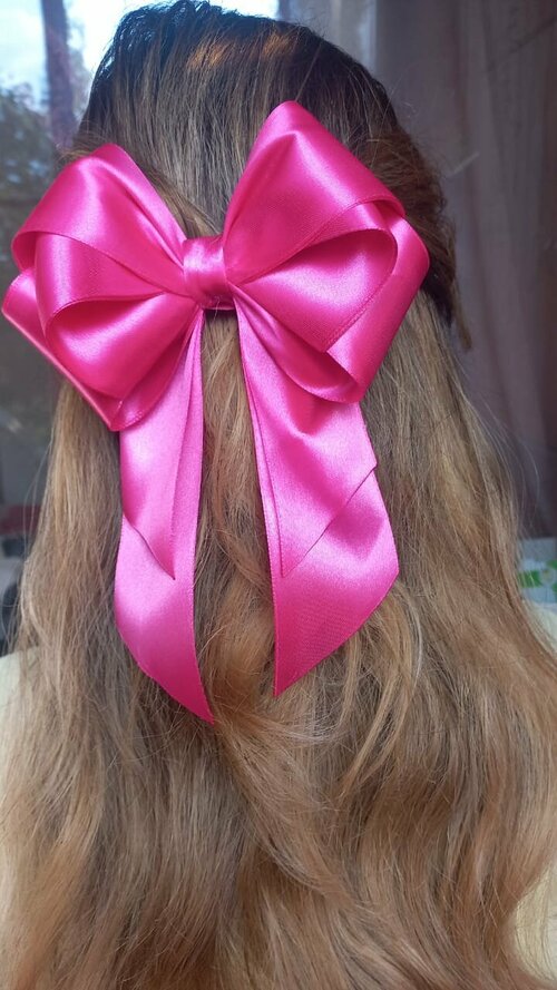 Бант розовый атласный для волос большой для женщин и девочек ручной работы на заколке-автомат