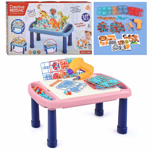Конструктор пластиковый детский с игровым столом, шуруповертом и отверткой Животные (свет) Oubaoloon 636-10B (340 деталей) в коробке