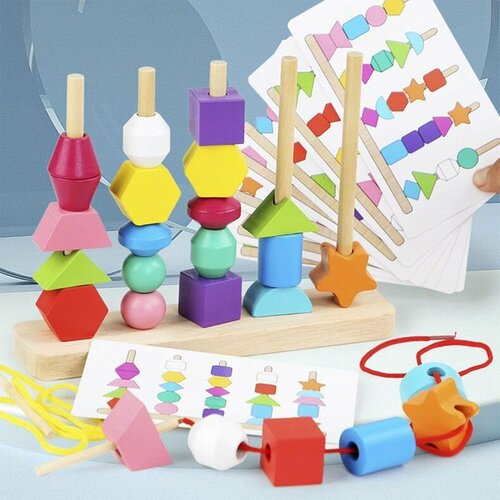 деревянные игрушки rntoys бусы геометрические для малышей Монтессори игра Повтори по образцу, обучающая игра для малышей
