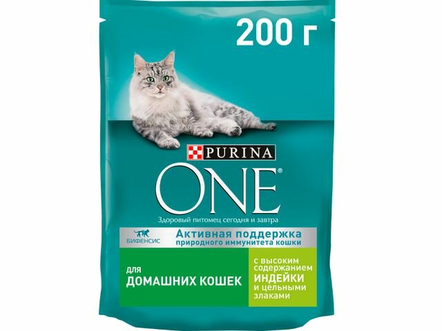 Purina One сухой корм для взрослых кошек, с высоким содержанием индейки и цельными злаками, 200 г, 2 шт