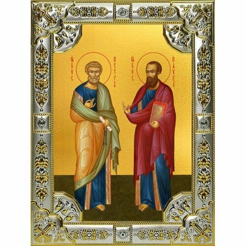 Икона Петр и Павел апостолы серебро 18 х 24 со стразами, арт вк-3478