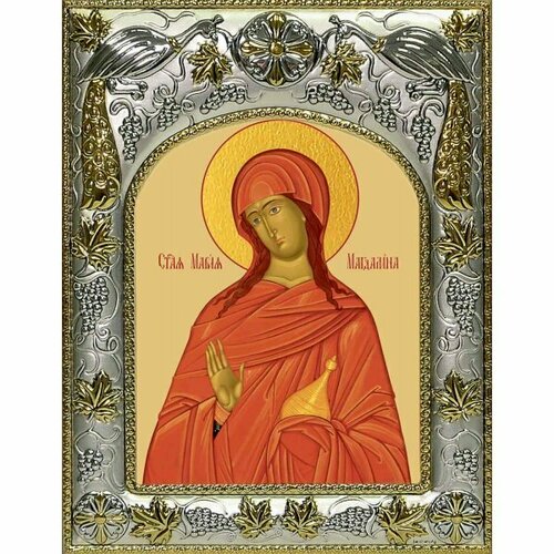 Икона Мария Магдалина 14x18 в серебряном окладе, арт вк-1024 икона мария вифанская 14x18 в серебряном окладе арт вк 4748
