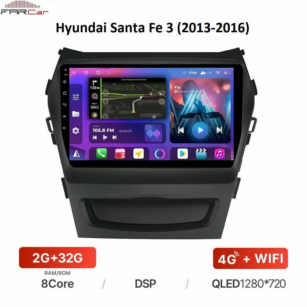 Штатная магнитола FarCar для Hyundai Santa Fe 3 (2013-2016) на Android 12