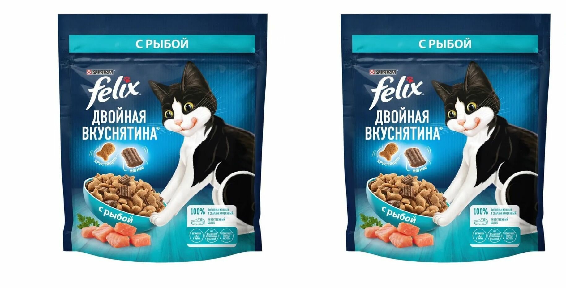 Felix сухой корм для взрослых кошек с рыбой Двойная вкуснятина, 200 г, 2 шт