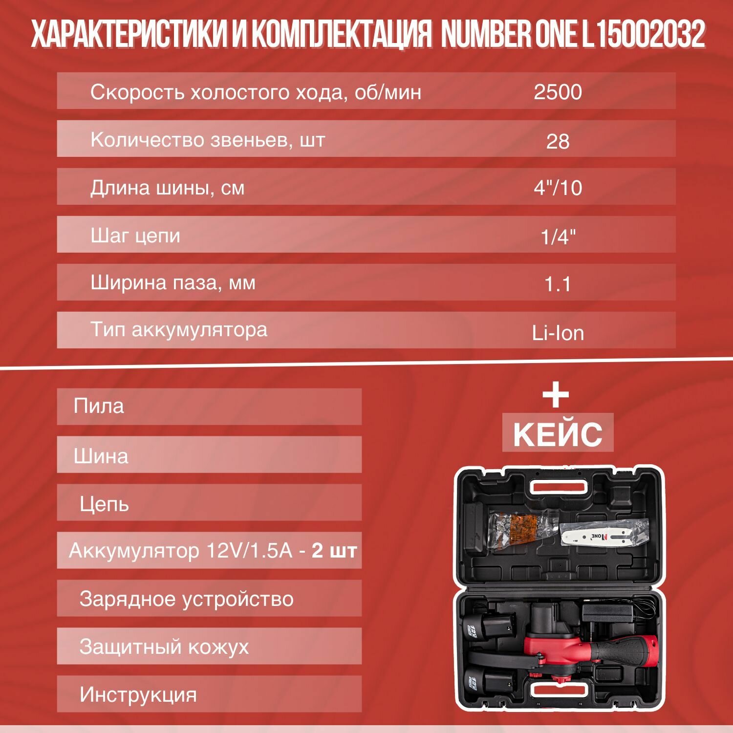 Пила цепная аккумуляторная мини Number One L15002032 2 аккумулятора з/у Кейс+Подарок шина и цепь