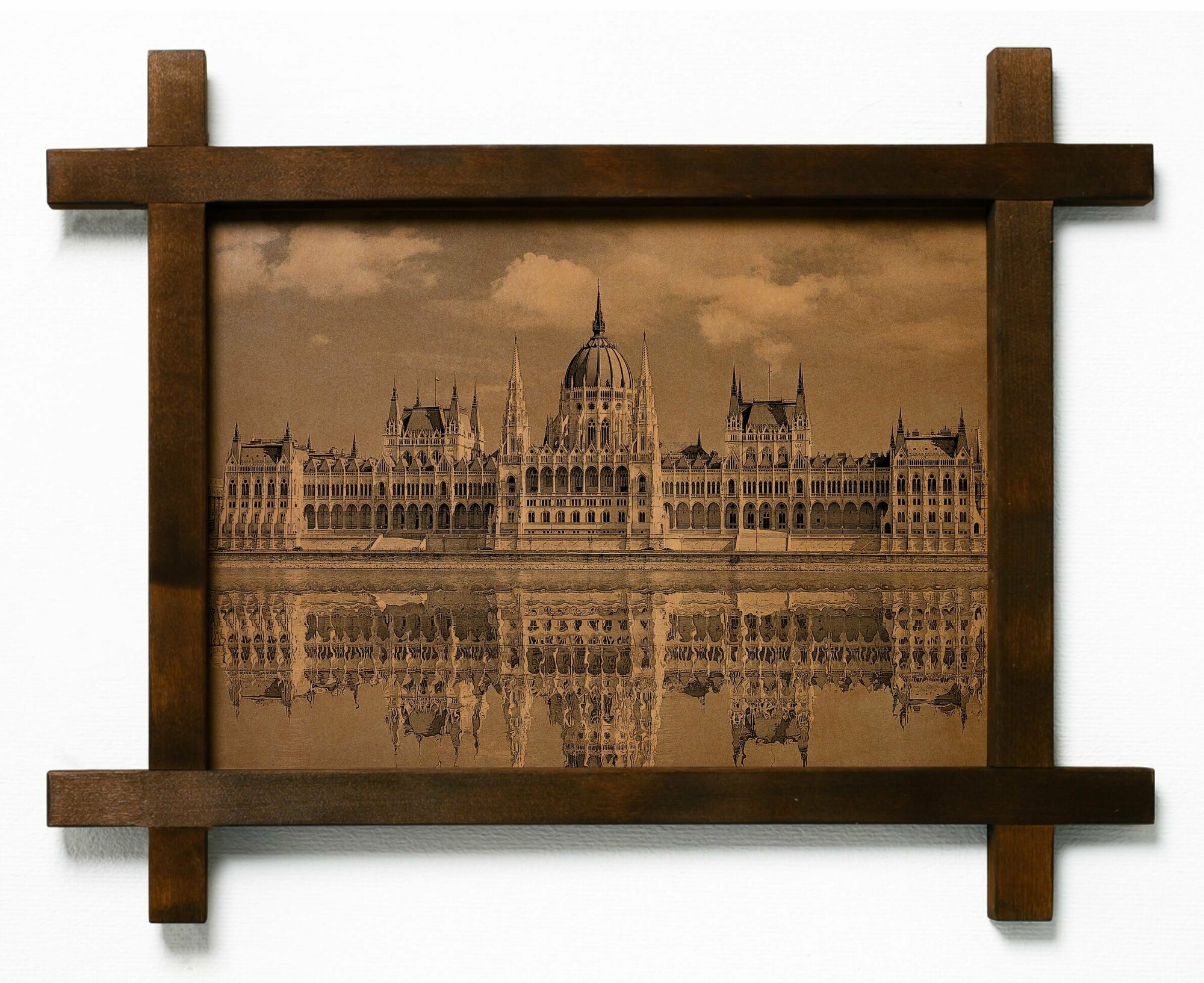 Картина Венгерский парламент, гравировка на натуральной коже, интерьерная для украшения и декора на стену в деревянной раме, подарок, BoomGift