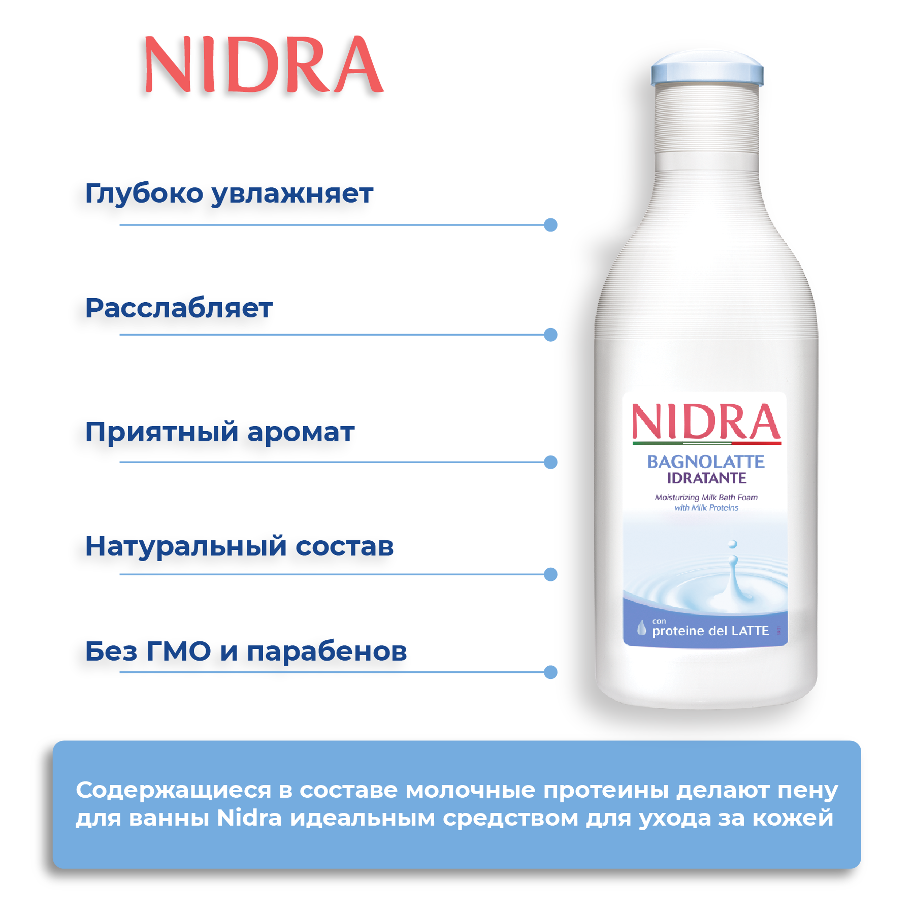 Пена-молочко для ванны Nidra увлажняющая с молочными протеинами 750 мл