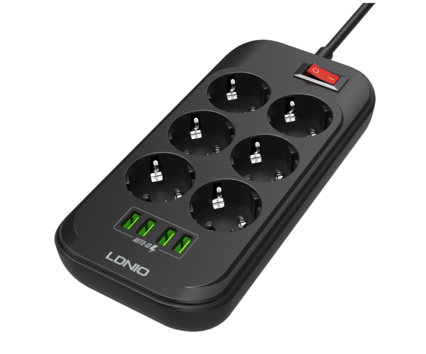 LDNIO SE6403/ Сетевой удлинитель 2м + ЗУ на 4 USB/ 6 розеток (медь) - 2500W/ USB - 17W/ Black&Gray — фото 1