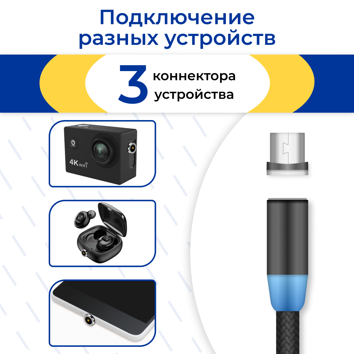 Комплект 3 шт. Магнитный коннектор Micro USB для магнитного кабеля / Наконечник Микро ЮСБ для зарядки / Насадка на провод для телефона / Черный