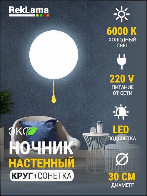 Светильник бра светодиодный настенный круг, 30*30 см питание от сети(сонетка), 1 шт