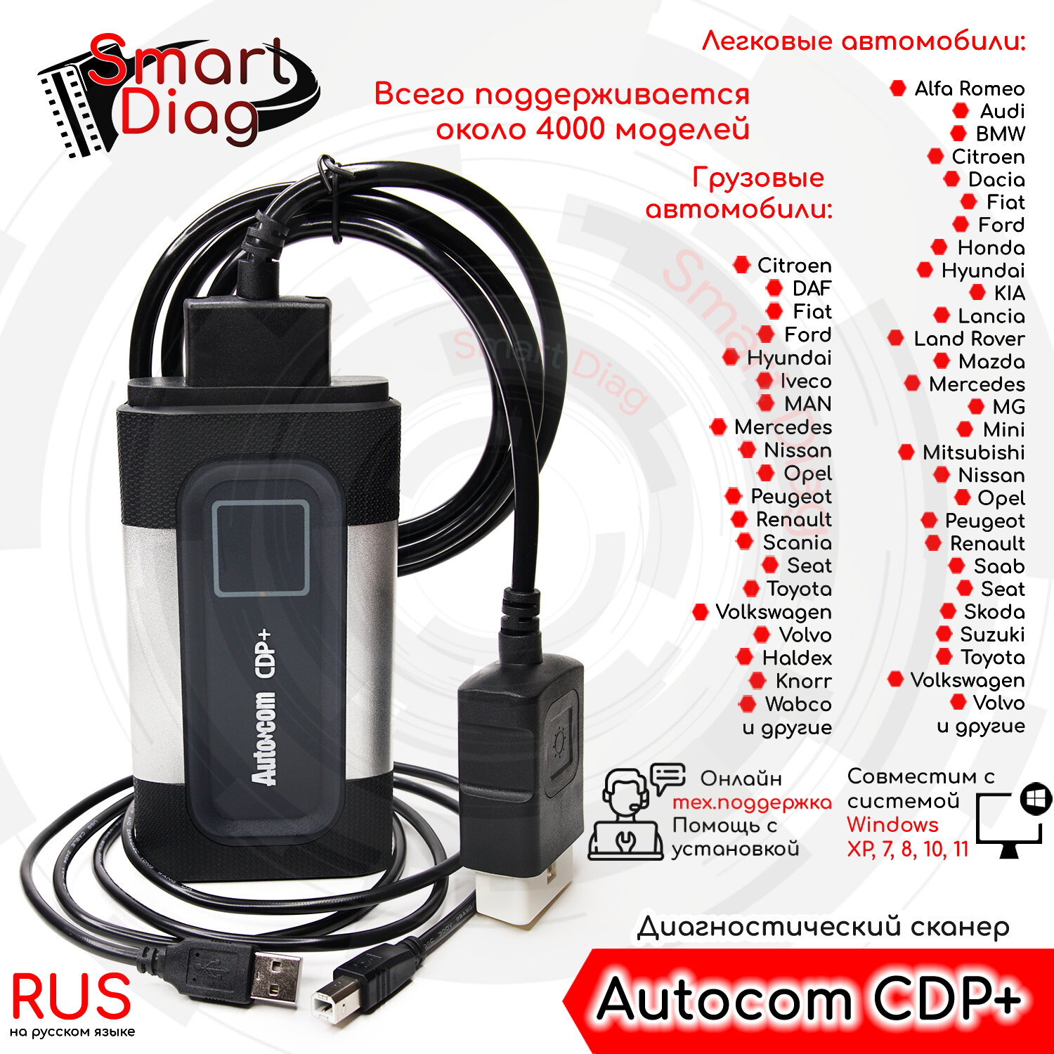 Диагностический мультимарочный автосканер Autocom CDP+ (USB + Bluetooth) + ПО 2021.11 инструкции по установке