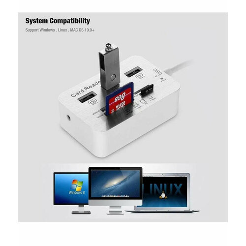 Высококачественный, Type-C ХАБ-Карт-ридер Rapture 5/10 (3X-USB 3.1, M2, MMC, MS, SD, MicroSD) 200mm, Android, Apple, Windows, Linux