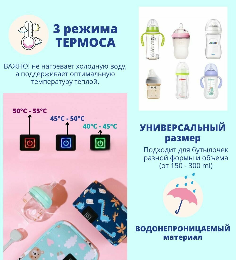 Изображение Нагреватель бутылочек для детского питания / 3 режима с USB зарядкой / термос- чехол розовый, 1ш
