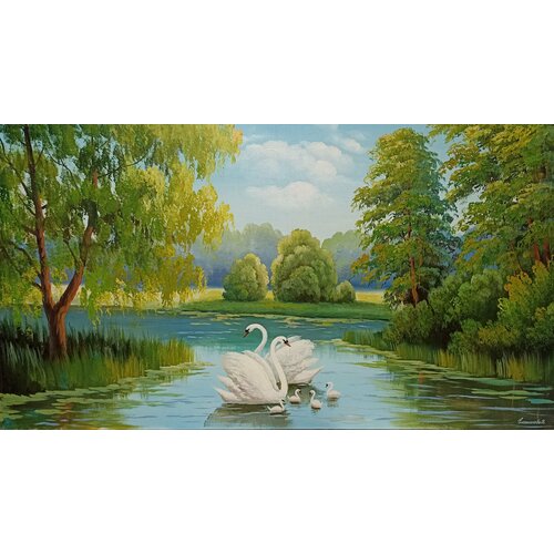 Картина маслом на холсте. Живопись. 100% ручная работа. Художественная мастерская Грёзы. Летний пейзаж. Река. Лебеди. Размер картины 50х90 см.