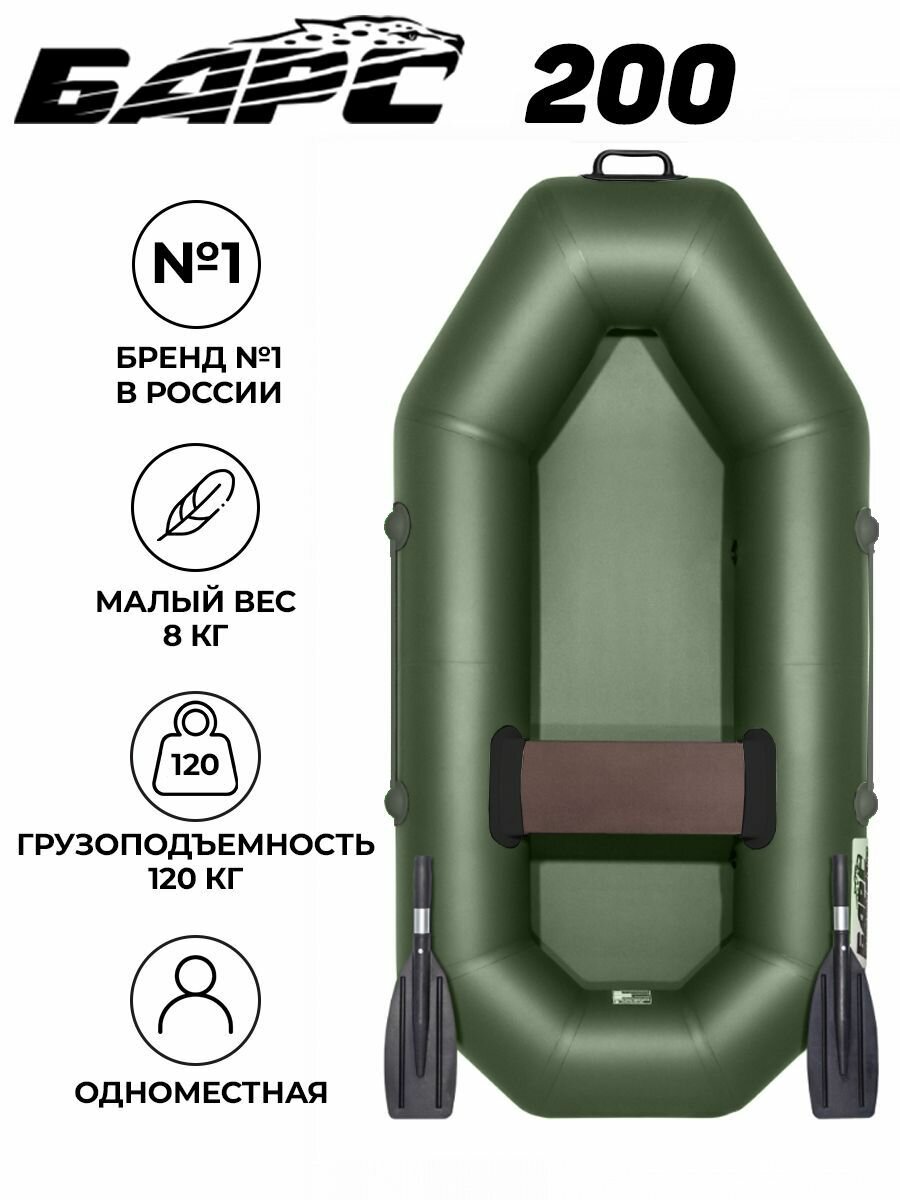 Лодка надувная для рыбалки Барс-200, одноместная, зеленая