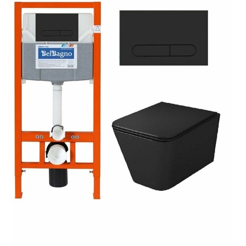 Комплект: Инсталляция BelBagno BB001-120 с кнопкой смыва BB007-PR-NERO. M черная + Унитаз Lengitown Turin черный с сиденьем