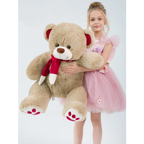фото Большой мягкий мишка 120 см с шарфом кофейный, плюшевый медведь кельвин игрушка 120 см с сердечками на лапках medvedi