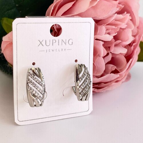 фото Серьги xuping jewelry, бижутерный сплав, родирование, фианит, размер/диаметр 17 мм., серебряный