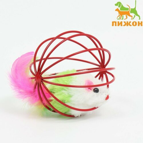Игрушка "Мышь в шаре с перьями", 6 см, красный шар 7806293