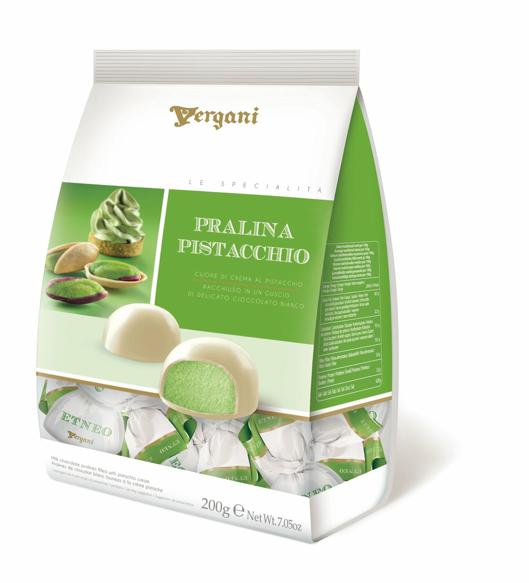 Конфеты Итальянские Vergani Pralina Pistacchio, пралине из белого шоколада с начинкой из фисташкового крема 54%, 200г - фото №3