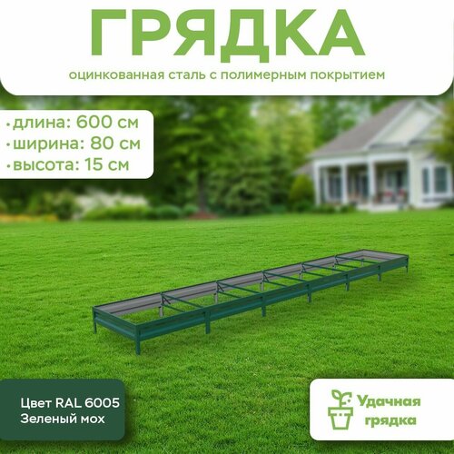 Грядка оцинкованная с полимерным покрытием, длина 6 метра, ширина 0,8 метра, высота борта 15 см, цвет RAL 6005 Зеленый мох