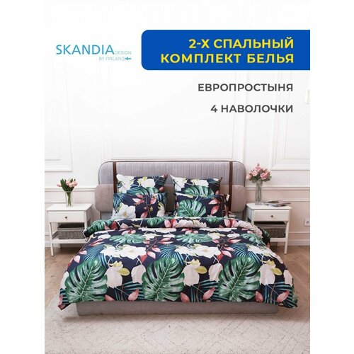 Комплект постельного белья SKANDIA design by Finland 2-x спальный с евро простыней, двухспальный, Микро Сатин, 4 наволочки, X104 Яркие листья и цветы