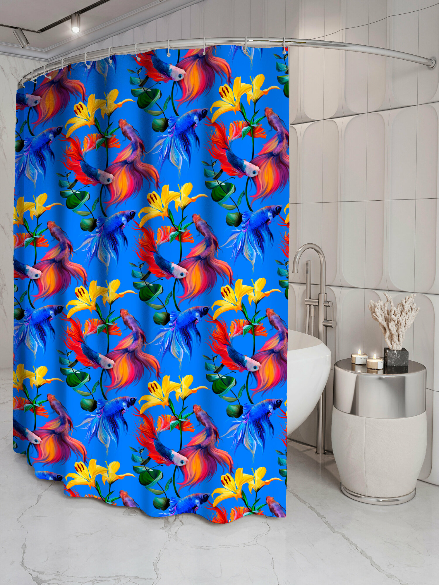 фото Штора для ванной "Аквариум синий",170x200 см с кольцами