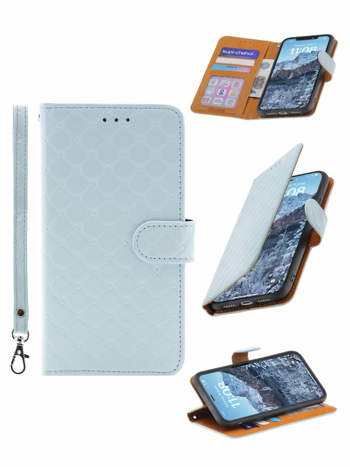 Чехол на Samsung Galaxy A20 Kruche Flip Royal view голубой, книжка с карманом для карт, противоударный, с магнитом для Самсунг А20, с ремешком