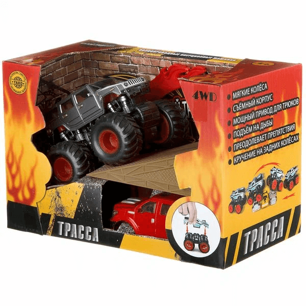 фото Yako Машина пласт. с 4-мя ведущими колёсами (4WD), на резиновых полых шинах, серия NEON, син./жёлт./красн. В79281