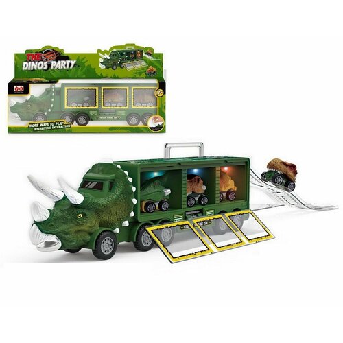 Машинка Автовоз-динозавр зеленый с 3 машинками-динозаврами со съездом, в коробке - Junfa Toys [WC-11966]