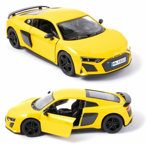 Машинка металлическая 2020 Audi R8 Coupe, желтый, Kinsmart, двери открываются, инерция, 1:36
