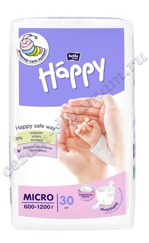 Подгузники для недоношенных Bella baby Happy MICRO от 600 до 1200 гр, 30 шт , арт. BB-054-MC30-002