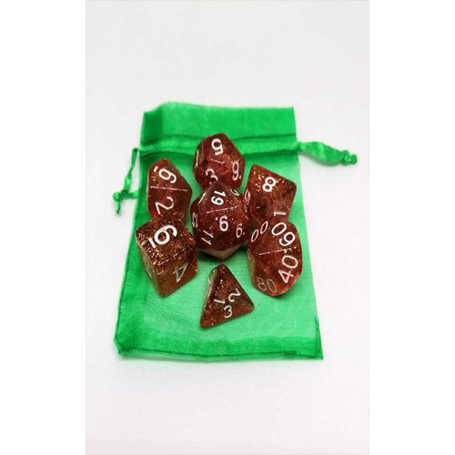 Набор кубиков для игры DnD в мешочке винный с блестками (DnD59)