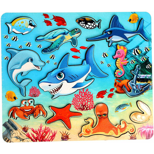 фото Деревянная рамка-вкладыш "кто живет в океане?", развивающий пазл-головоломка для детей, 12 деталей нескучные игры